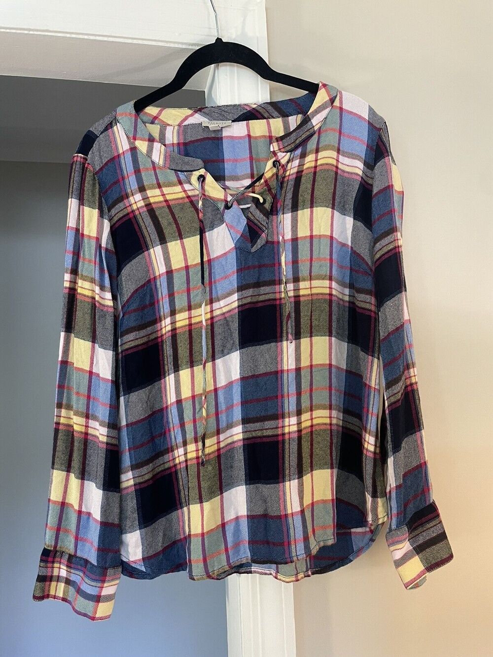 Talbots Small Petite Lace Up Flannel Long Sleeve Shirt Round Hem, Casual, Plaid